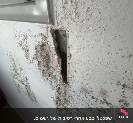קיר עם עובש ונזק, חור בקיר ליד חלון